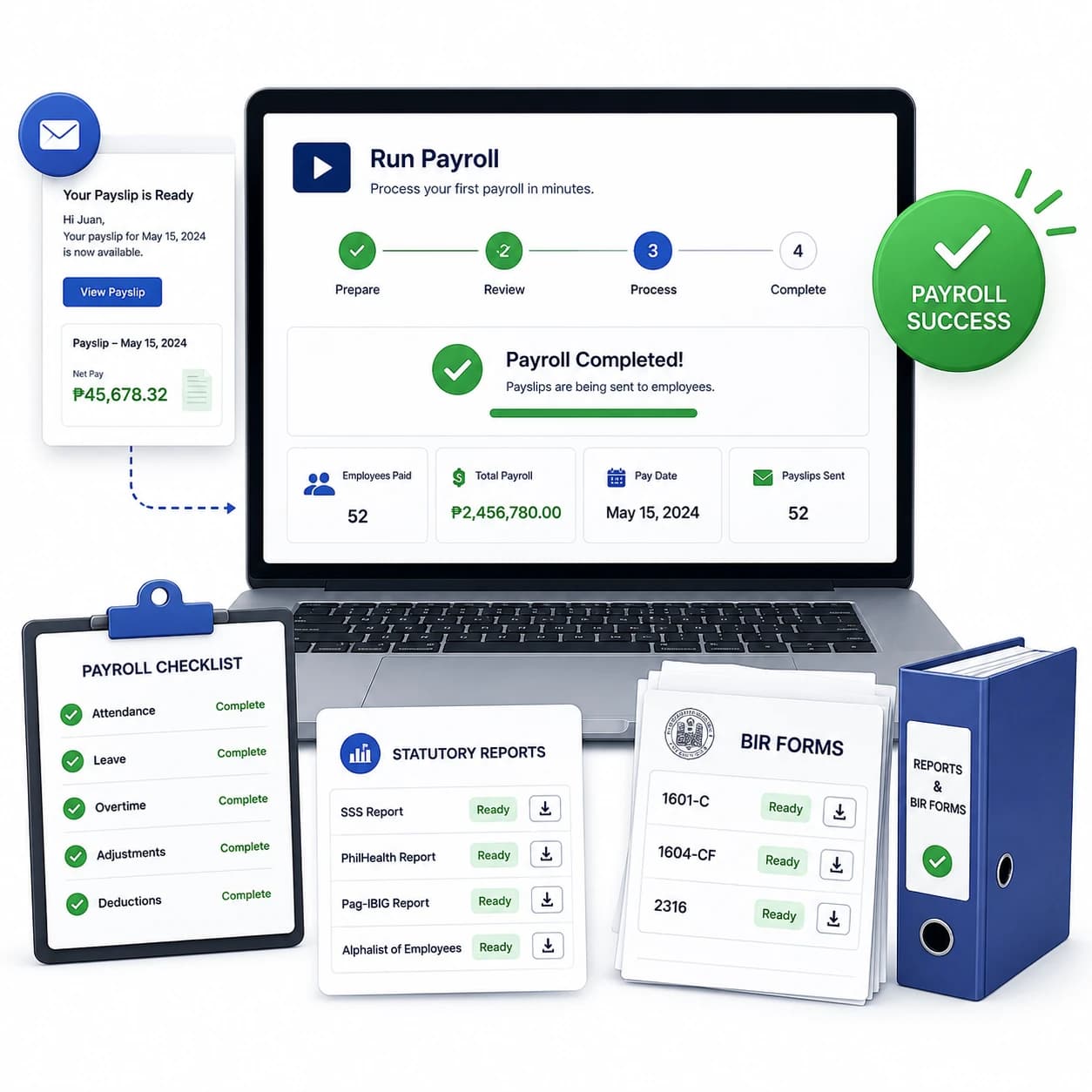 Process payroll, send payslips by email, and generate BIR forms and statutory reports for filing