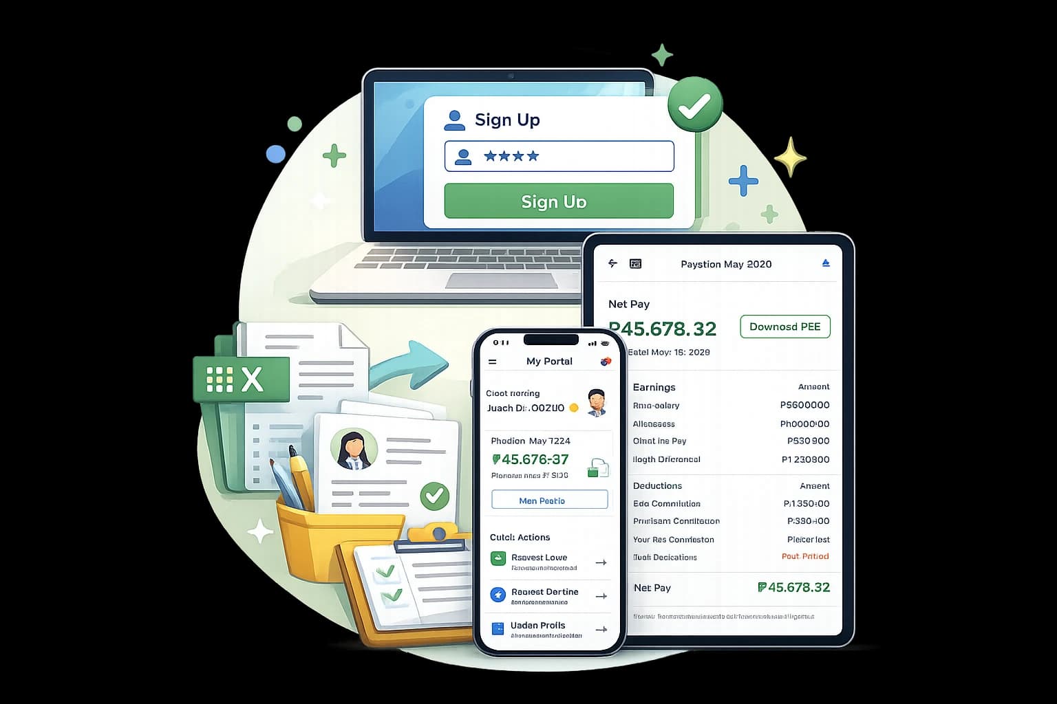 428HR onboarding illustration: laptop sign-up form, mobile employee portal, Excel import, payslip and onboarding checklist