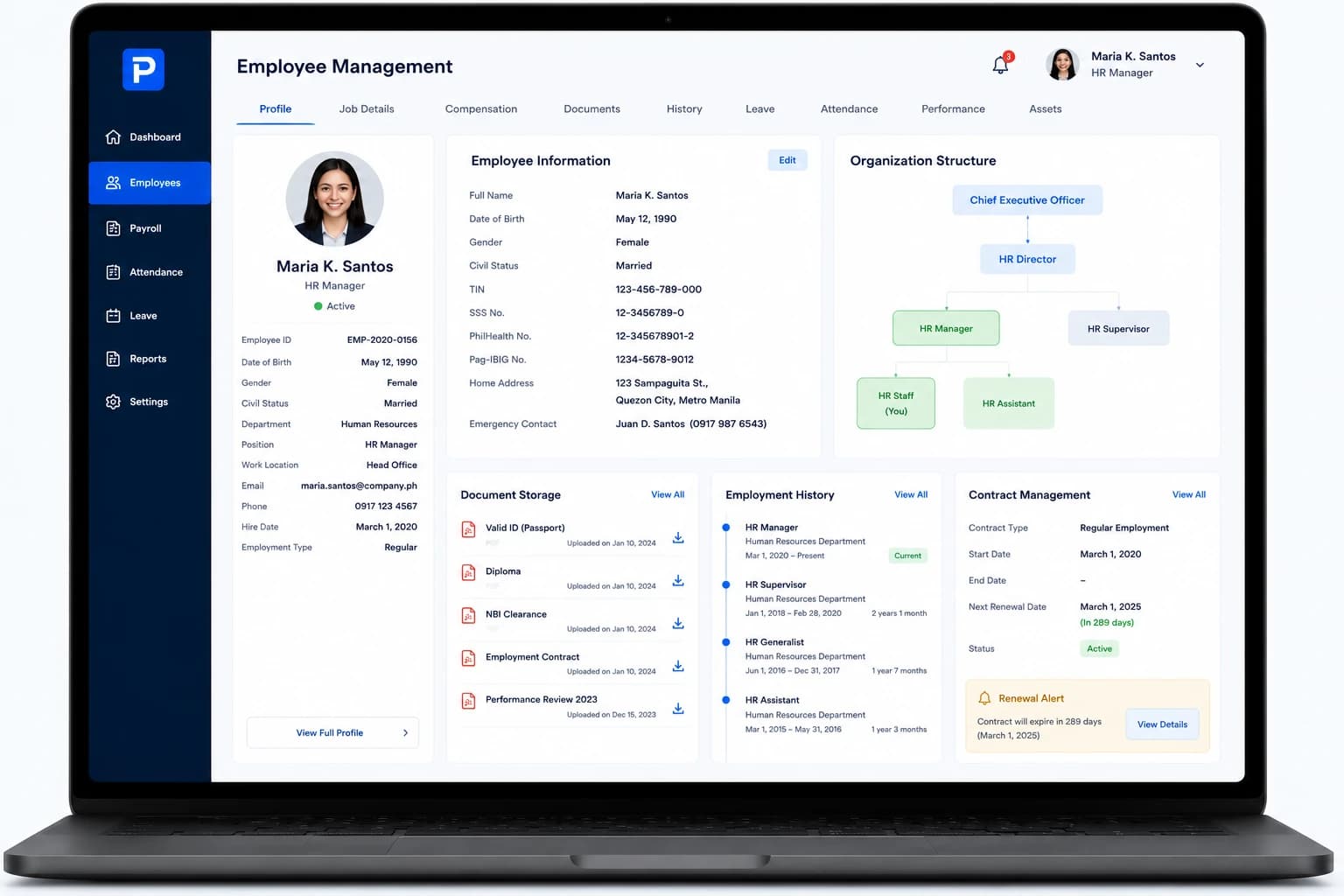Employee master file with employment history, organizational structure, document storage and contract renewal alerts