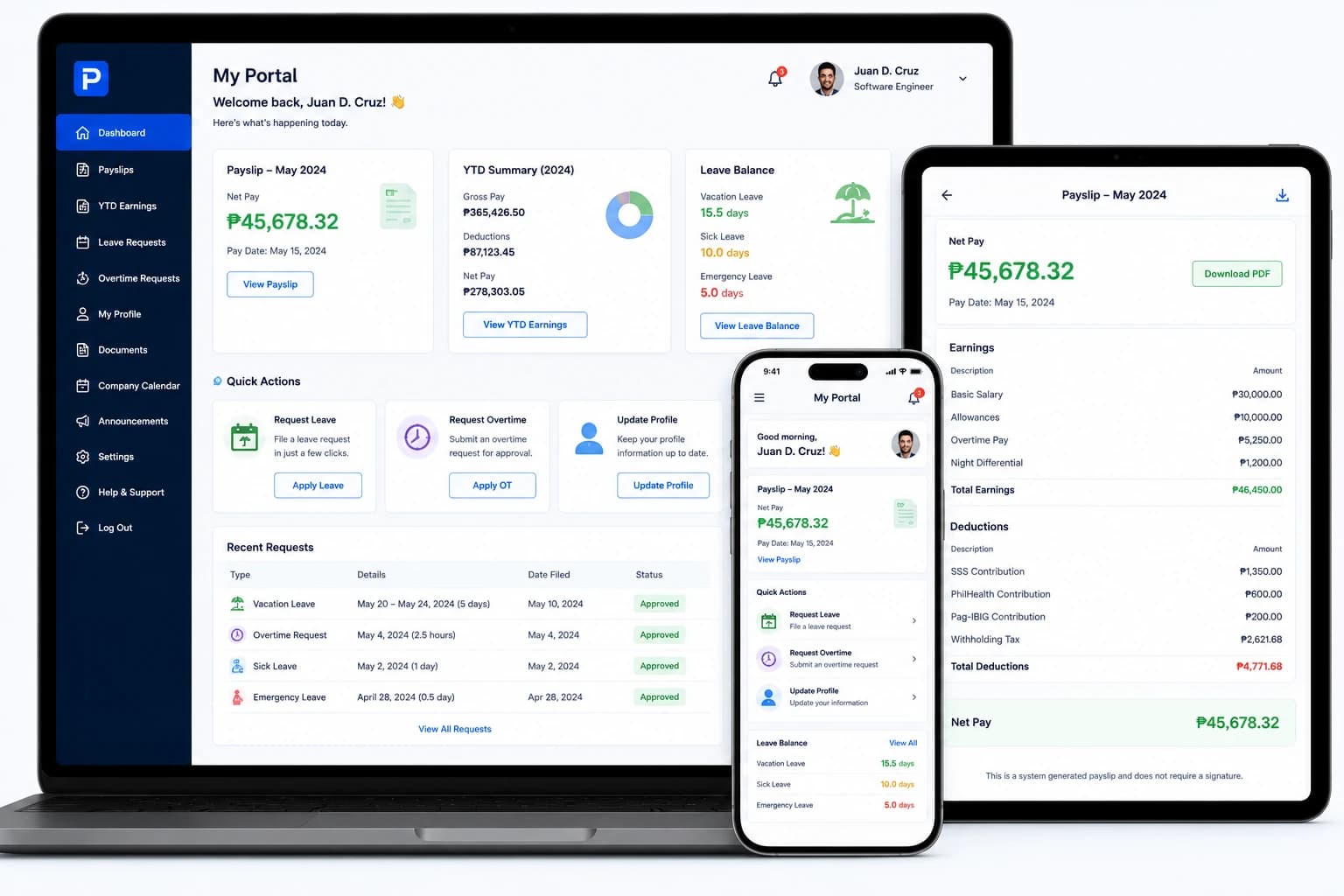 Employee self-service HR portal accessible from desktop, tablet and mobile devices