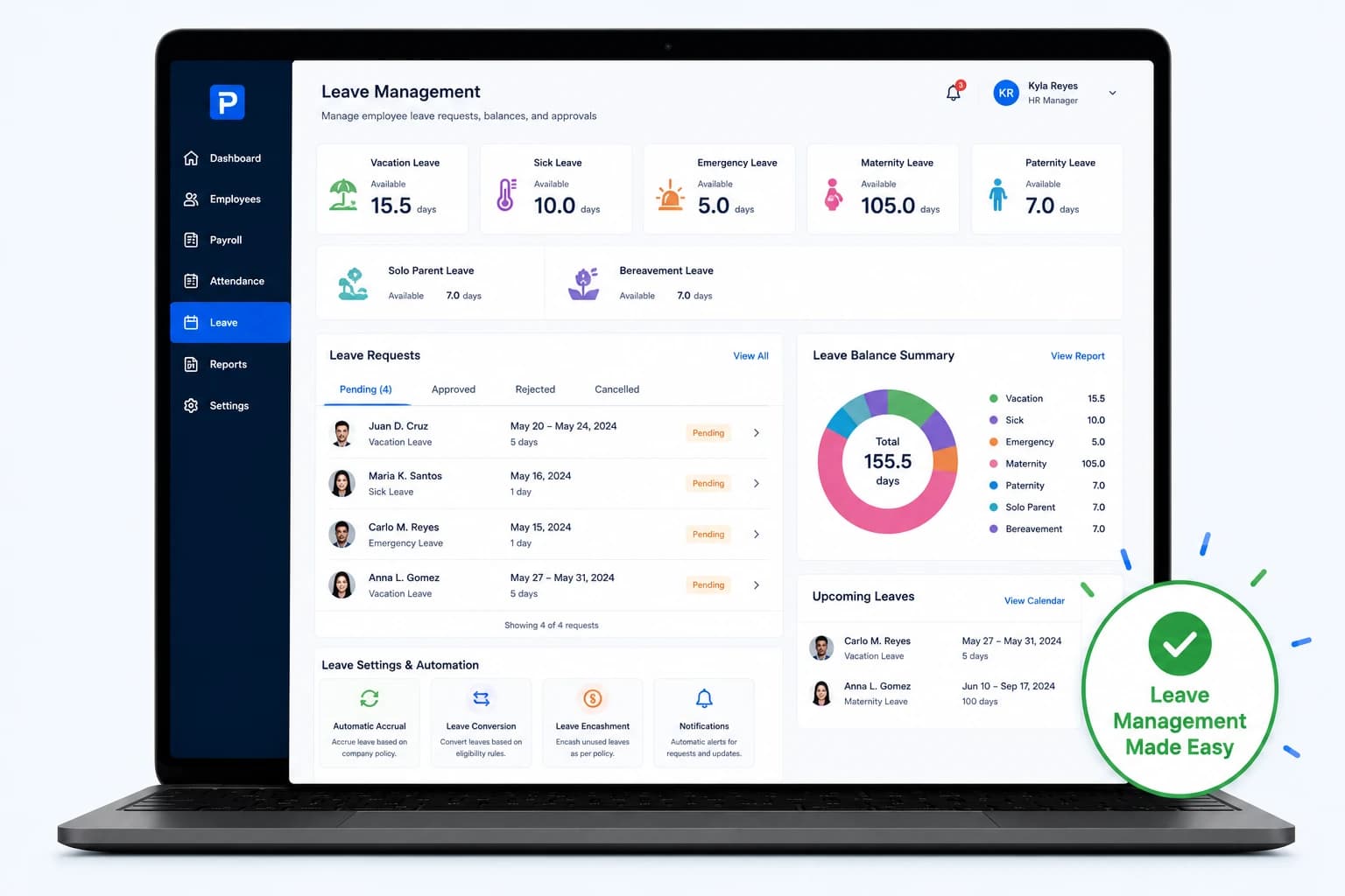 Leave management workflow with approval routing, leave type selection and balance tracking