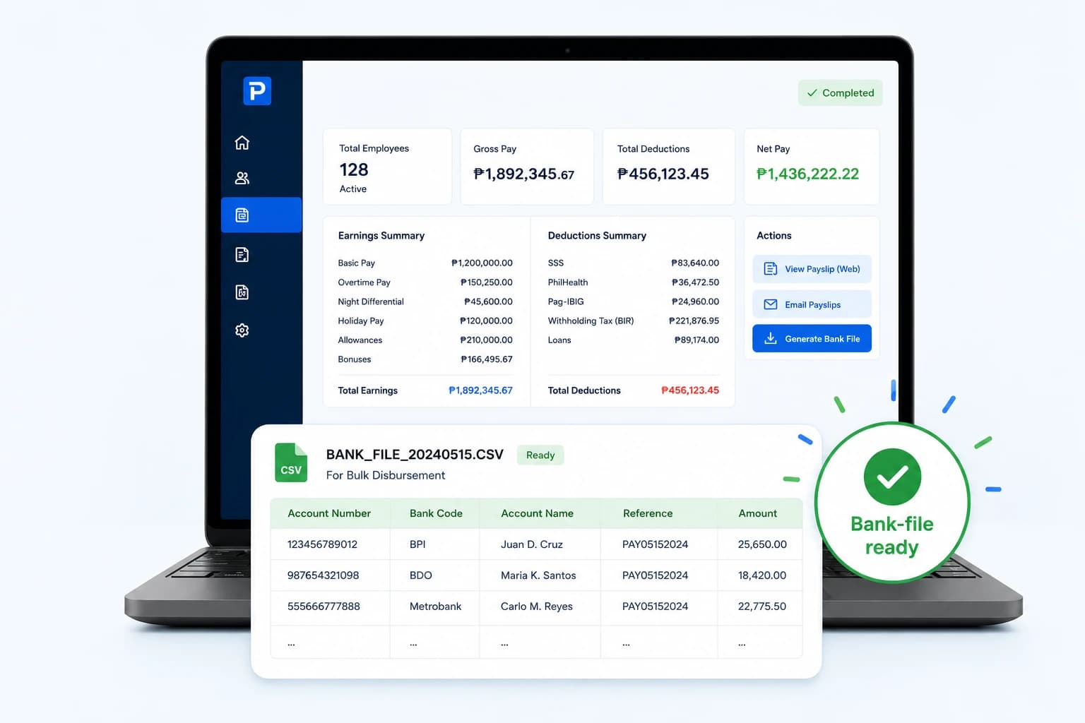 Philippine payroll bank file generation screen with employee earnings, deductions and a bank disbursement file ready for download