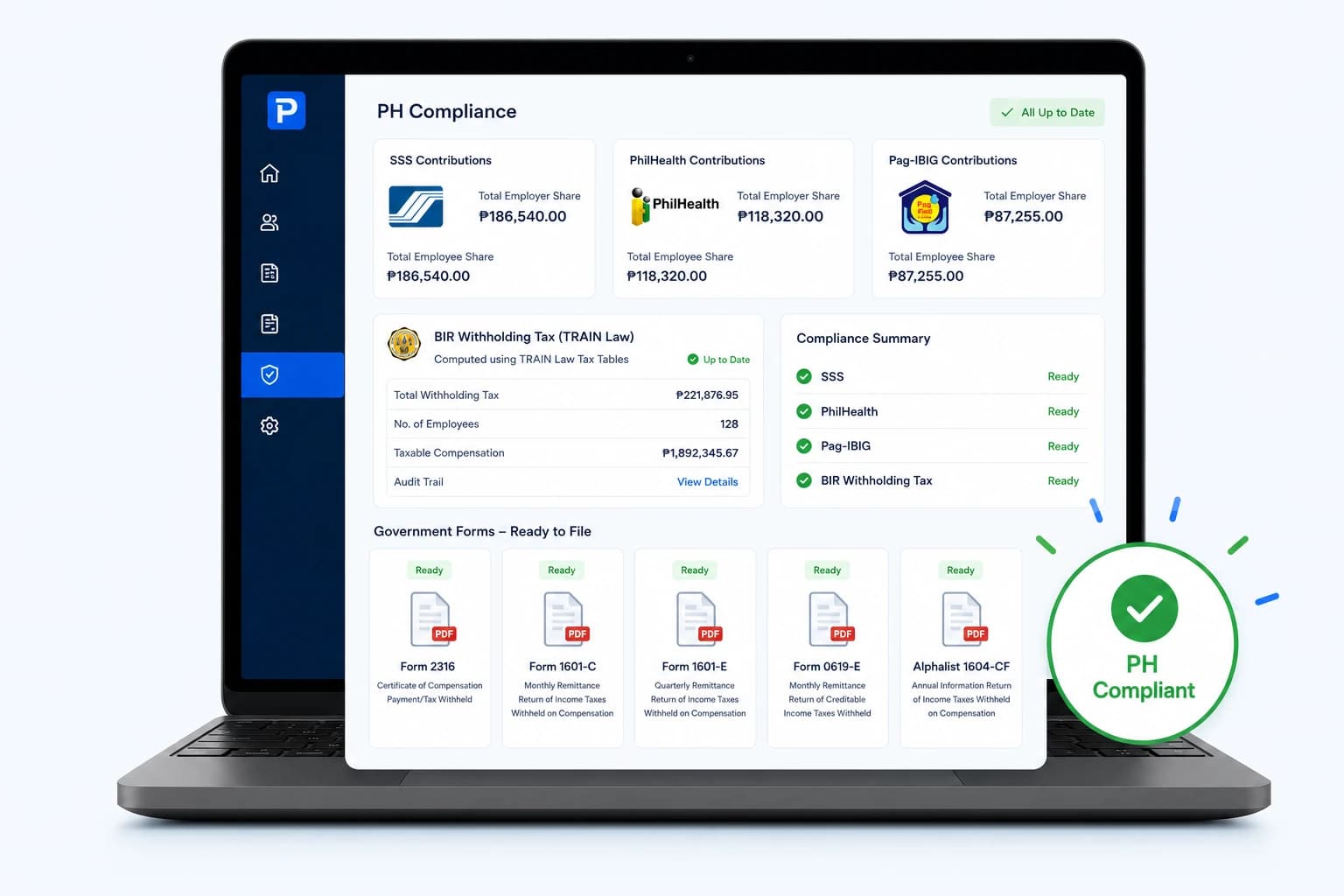 Philippine payroll compliance dashboard with SSS, PhilHealth, Pag-IBIG and BIR contribution summaries